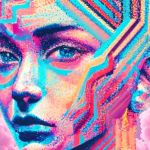 Un visage féminin digital sur fond de nuages roses