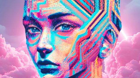 Un visage féminin digital sur fond de nuages roses