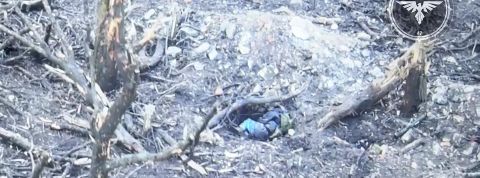Vue aérienne d'un soldat en position foetale au sol