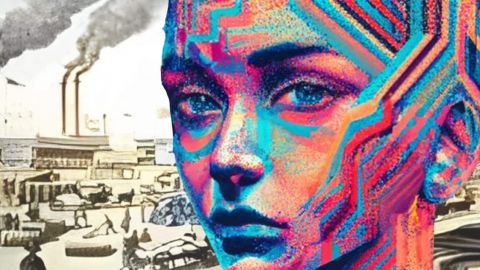 Un portrait féminin en lignes digitales avec en fond une illustration de la révolution industrielle