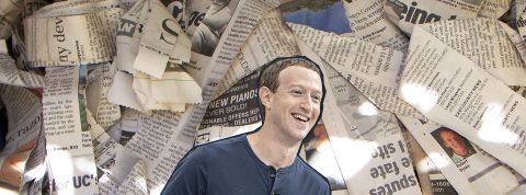 Une image de zukcerberg qui rigole sur une pile de journeaux