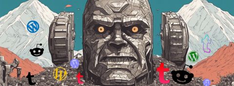 Un robot type Zardoz avec les logos Reddit, tumblr et Wordpress
