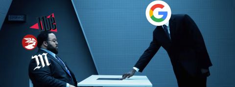 Un homme avec le logo Google domine un autre homme assis