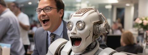 Un employée riant avec un robot dans un bureau