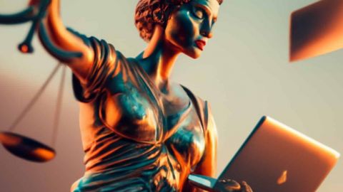 Une statue de la justicde avec un ordi qui tombe