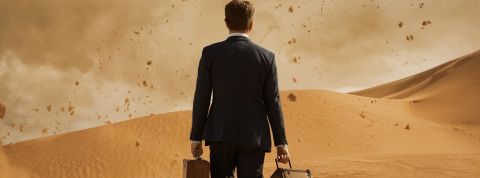 Un homme en costume de dos avec sa valise dans un désert agité