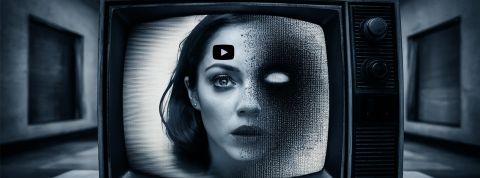 Une femme dans un écran de TV à laquelle il manque un oeil et loe logo YouTube