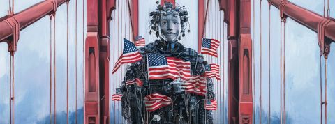 Un robot avec des drapeaux US sur le point rouge de SanFrancisco