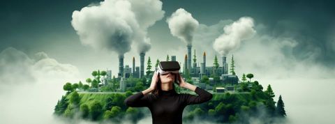 Femme avec un casque de réalité virtuelle et en arrière plan des cheminées qui recrachent des fumées