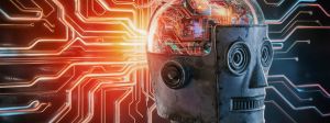 Un robot à l'ancienne en métal avec un cerveau digital transparent