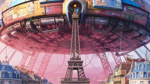 La Tour Eiffel surplombée d'une grosses machine personnalisant l'IA avec des connections