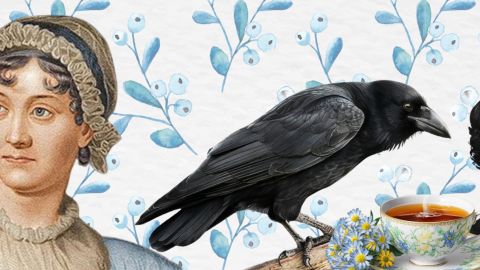 Franz Kafka, Jane Austen, Edgar Allan Poe, un corbeau noir, une tasse de thé