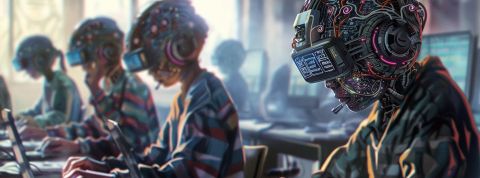 Des jeunes dans une classe avec des cerveaux-casques digitaux