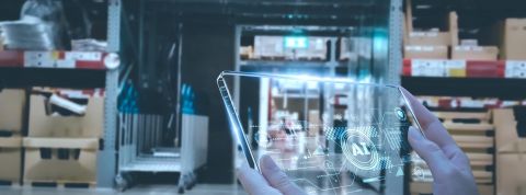 Manager using smart tablet monitor process Analyzes, check and control product in stock warehouse, modern software, futuristic concept smart warehouse management system in Factory industry in