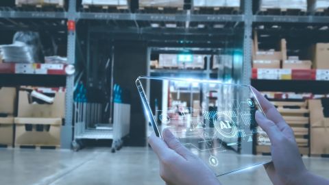 Manager using smart tablet monitor process Analyzes, check and control product in stock warehouse, modern software, futuristic concept smart warehouse management system in Factory industry in