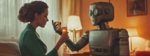 Une femme élégante trinque dans un salon avec un robot