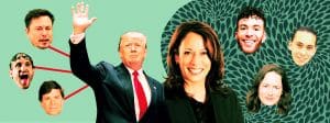 Donald Trump et Kamala Harris entourés d'influenceurs
