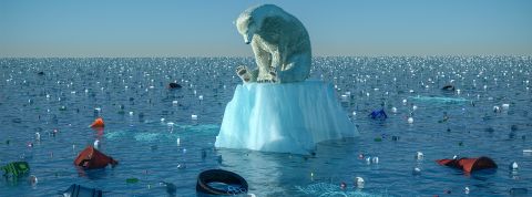 Un ours polaire sur un bout de banquise dans une mer très polluée