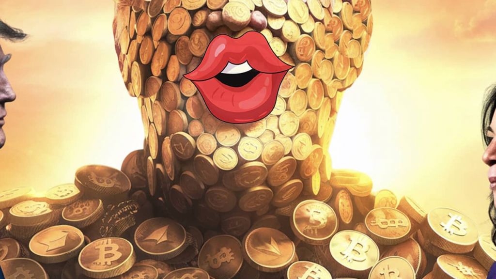 Un géant fait de cryptomonnaies avec une grosse bouche rouge entouré de Trump et Harris