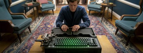 Un écrivain devant une machine à écrire mi rétro, mi futuriste