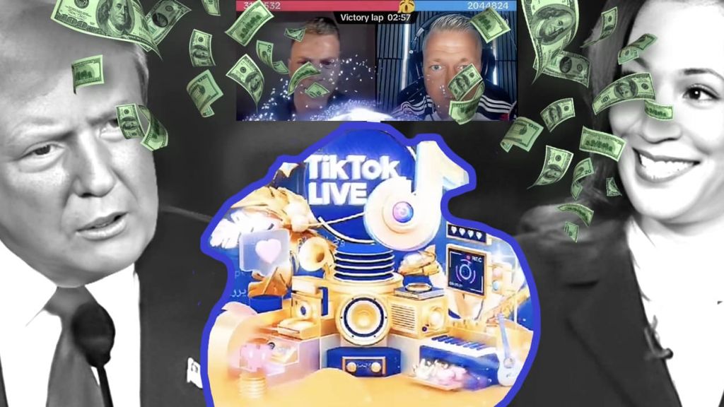 Trump et Harris avec deux joueurs TikTok et des dollars qui tombent