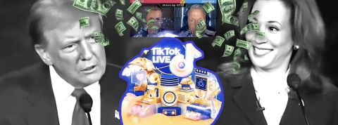 Trump et Harris avec deux joueurs TikTok et des dollars qui tombent