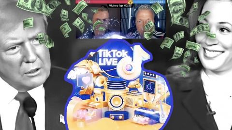 Trump et Harris avec deux joueurs TikTok et des dollars qui tombent