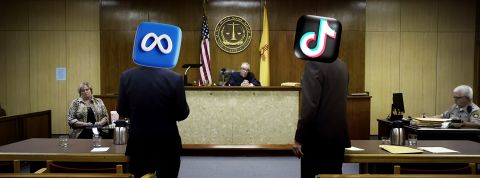 Un juge et deux personnes de dos dont les têtes ont été changées par les logos Meta et TikTok