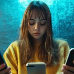 Une fille avec 3 smartphones