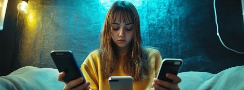 Une fille avec 3 smartphones