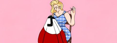 Illustration d'une femme en roble bleu a carreaux qui coud le drapeau nazi