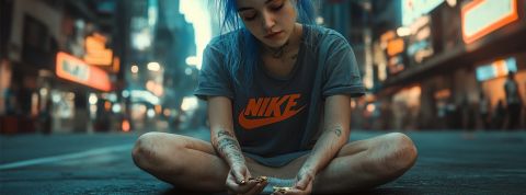Une fille aux cheveux bleus mendie
