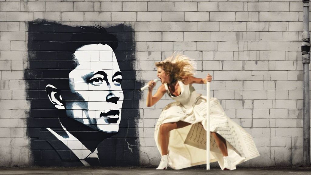 Taylor qui hurle contre un mur en briques sur un pochoir d'Elon Musk