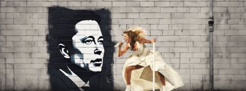 Taylor qui hurle contre un mur en briques sur un pochoir d'Elon Musk