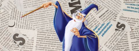 Illustration d'un magicien avec sa baguette sur des morceaux d'articles découpés