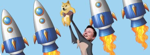 Elon Musk portant un chien Dogecoin à bout de bras
