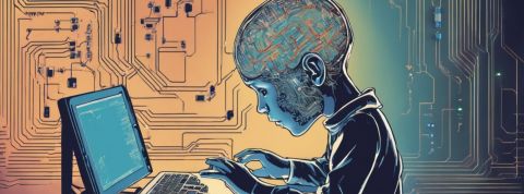 un enfant qui tape sur un ordinateur et dont le cerveau est fait de circuits electriques