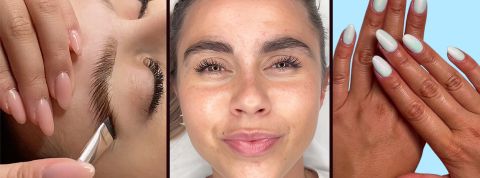 Des gros plans de brow lift et une main avec de faux ongles