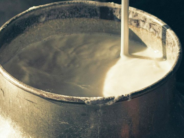 Un broc en métal de lait cru