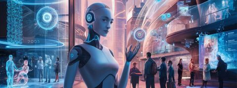 Un univers futuriste avec des médias sur des écrans et des IA qui ressemblent à des humains