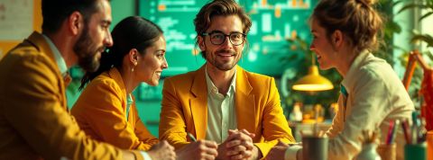 Une petite équipe de startuppers avec des écrans en fond