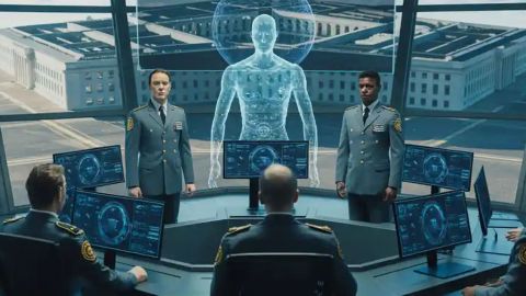Image IA d'une vision futuirste de militaires super connectés