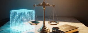 Une balance de la justice, où un algorithme pèse plus lourd qu’un livre religieux