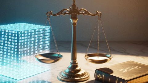 Une balance de la justice, où un algorithme pèse plus lourd qu’un livre religieux