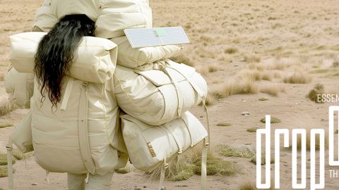Une femme brune de dos est ensevelie sous des sacs en textile blanc