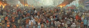 Illustration en couleurs par IA de robots qui manifestent
