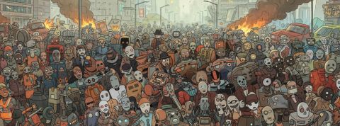 Illustration en couleurs par IA de robots qui manifestent