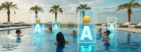 Des personnes dans une piscines avec des emojis souriants et des ia