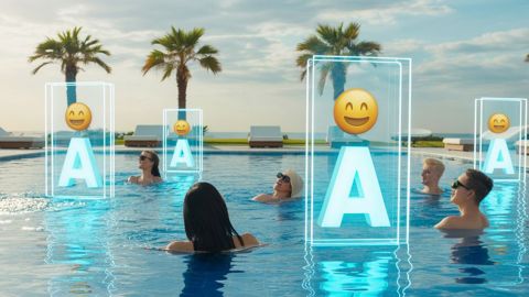 Des personnes dans une piscines avec des emojis souriants et des ia