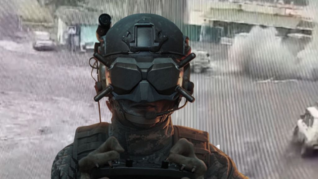 Un soldat avec un masque pour drone FPV tet derrière lui de la fumée